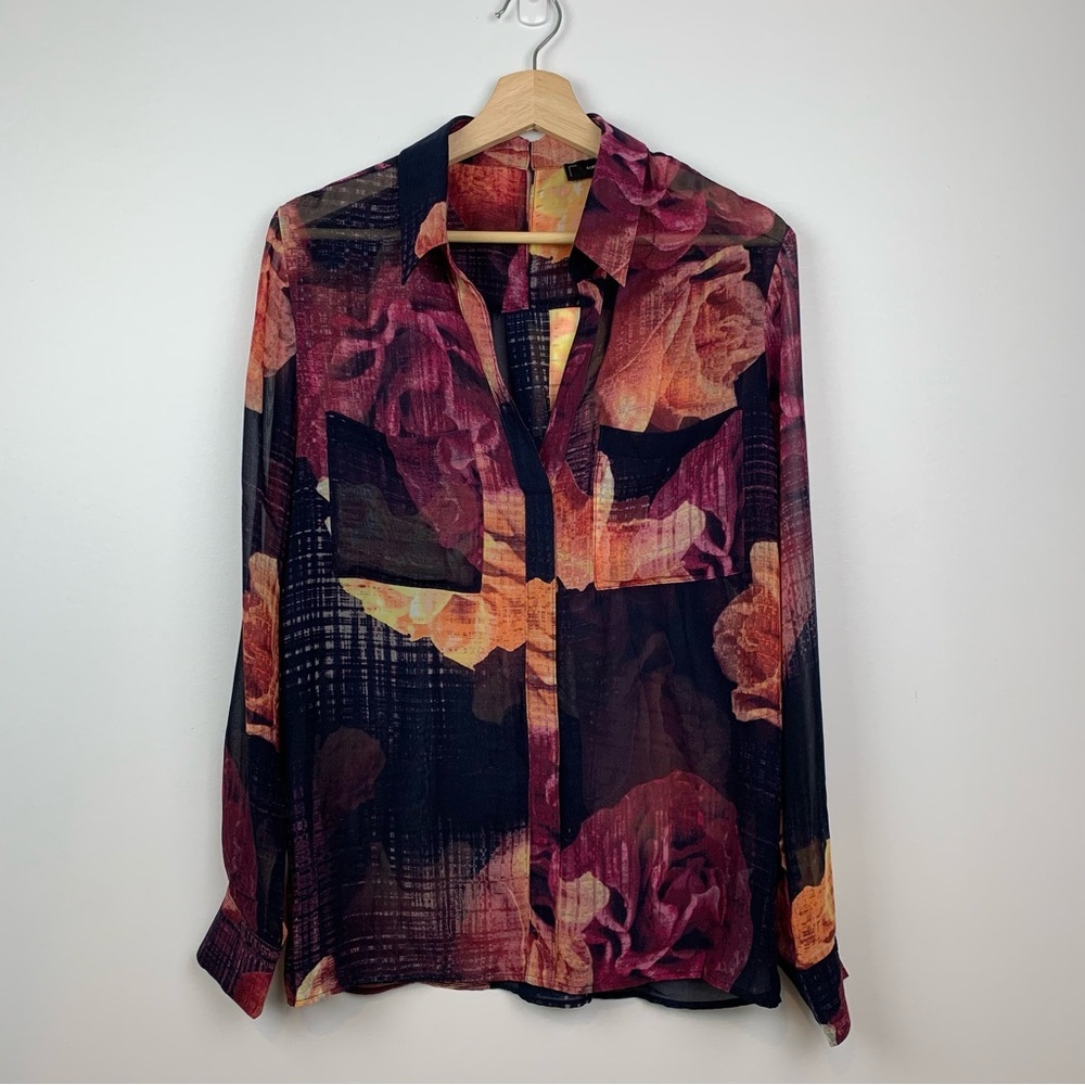 Robert Rodriguez Blouse Buttons Big Flowers Floral Sz Medium Black Pink Flowy
